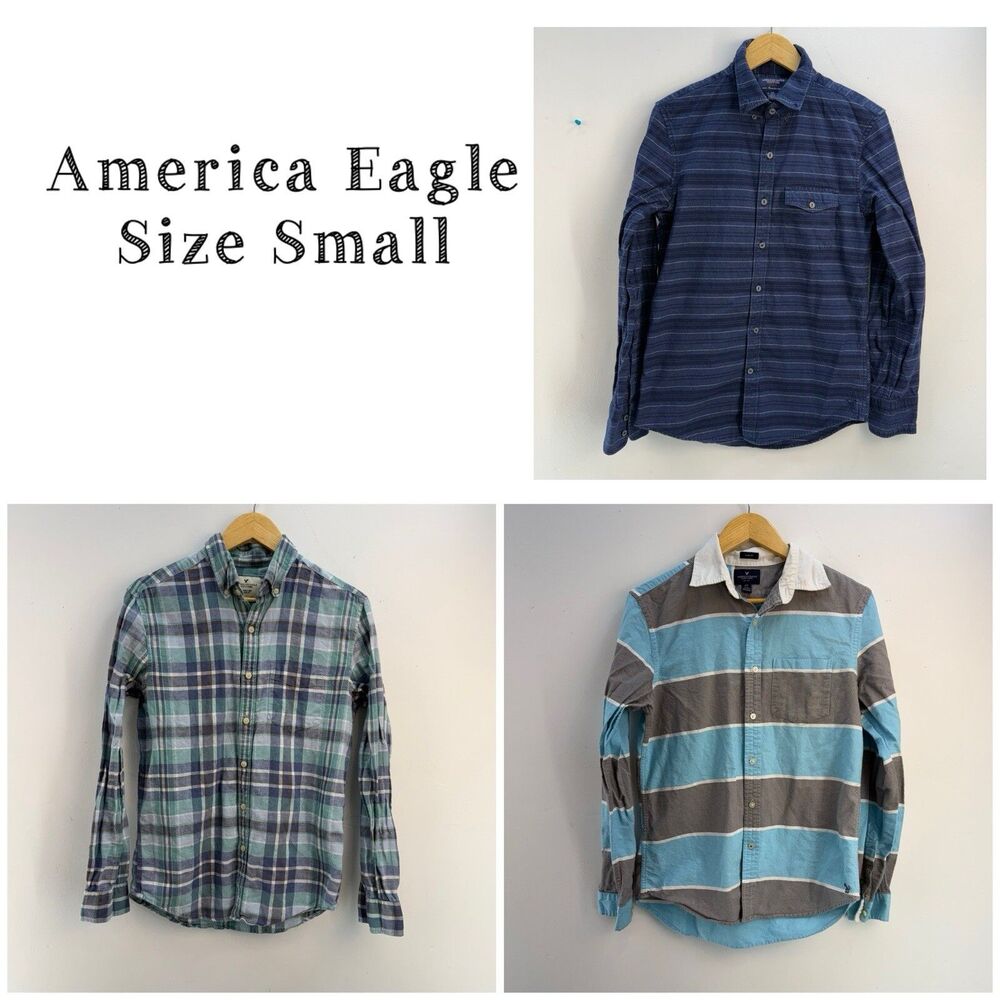 Pack Of 3 AMERICAN EAGLE Mens Plaid Dress Shirt Small Bottom Down Long Sleeve